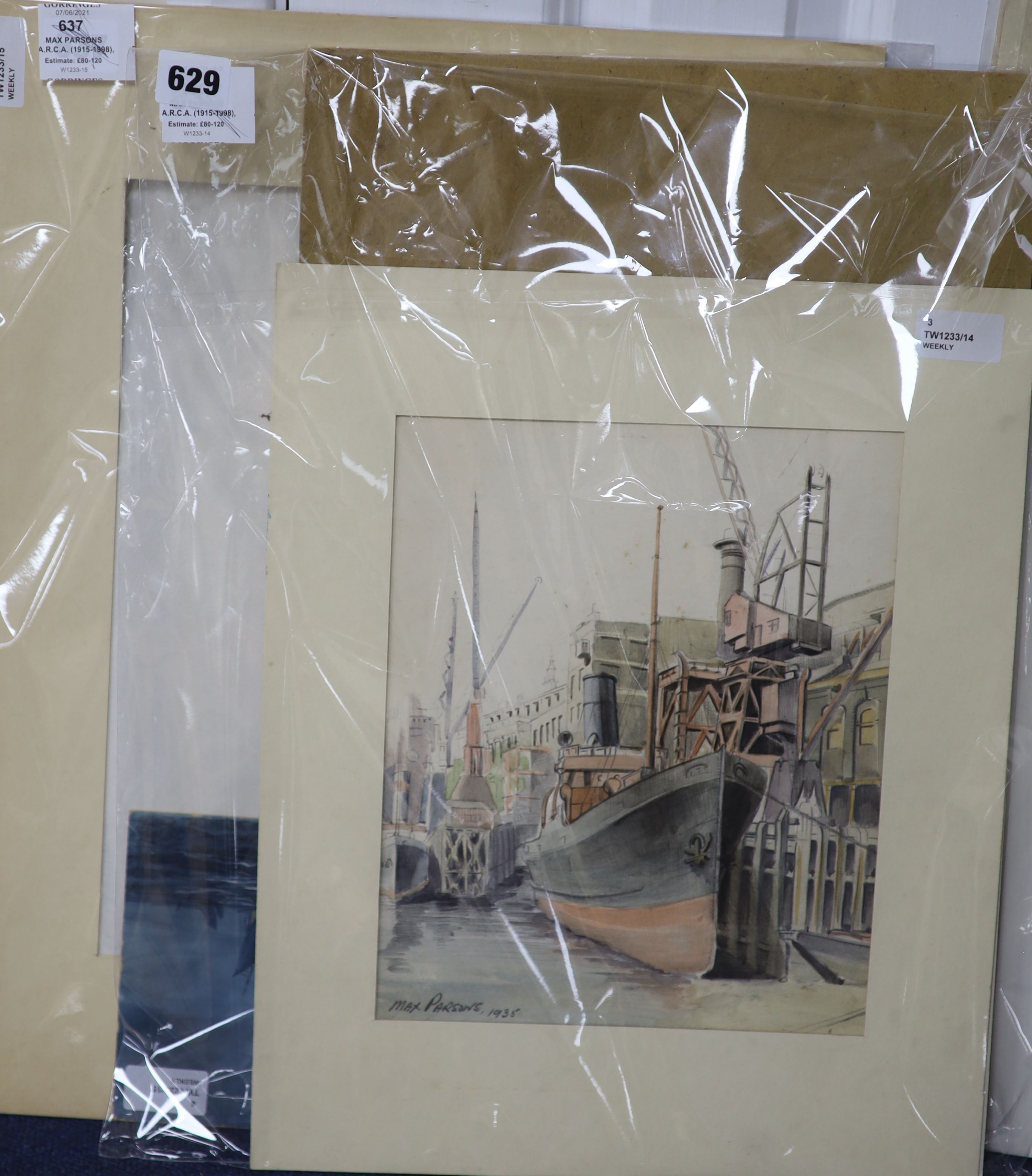 Max Parsons A.R.C.A. (1915-1998), watercolour on card, SS Marengo, signed and dated July 28, 1933, four coastal and marine paintings, unframed, 23.5 x 33cm (Dover) and two other watercolours